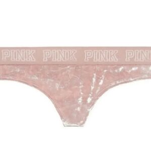 PINK Victoria's Secret Light Pink Logo Velour Velvet Mesh Back Thong Small NWT